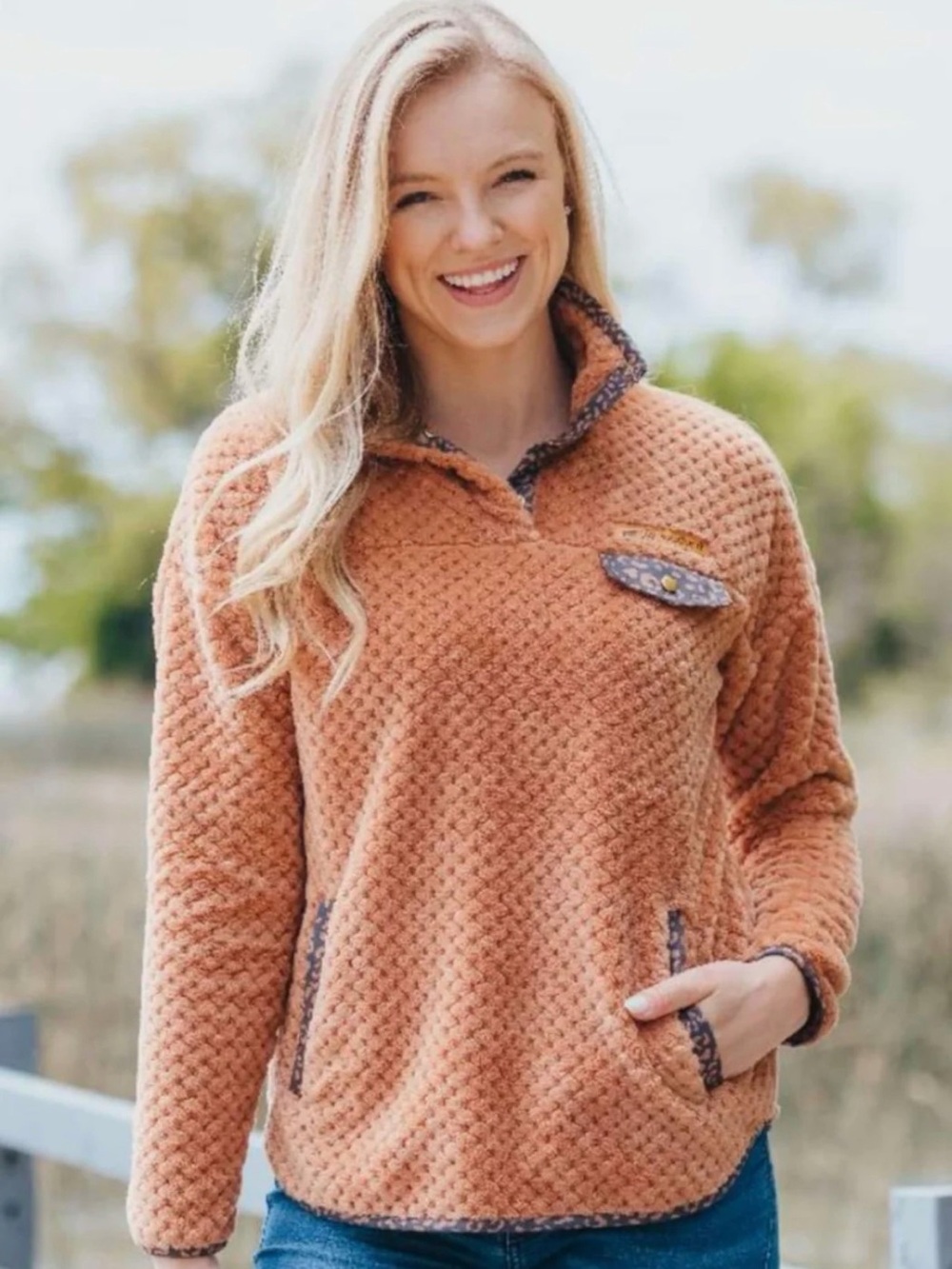 Simply Southern tan 1/4 button fleece soft Pullover gray leopard accents XXL